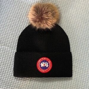 Canada Goose Black Beanie with Brown Fur Pom-Pom